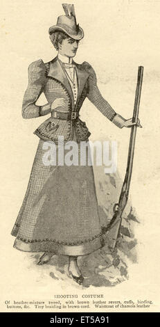 British lady in shooting costume with gun ; India ; old vintage 1800s engraving Stock Photo