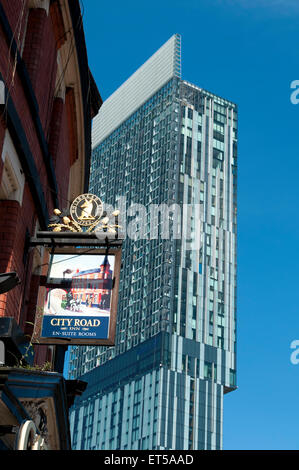 The Beetham Tower with the City Road Inn sign in the foreground, Albion Street, Manchester, England, UK Stock Photo