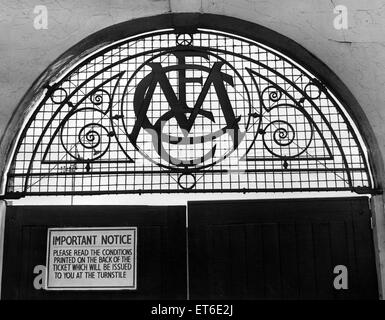 Entrance to the Belle Vue Speedway stadium in Manchester. The initials in the archway stand for Manchester Football Club. 30th October 1964. Stock Photo