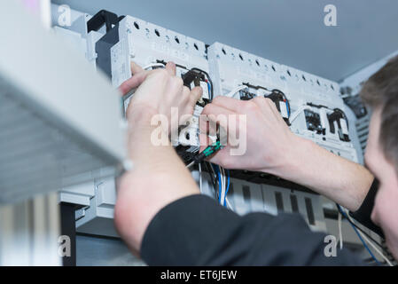 Electrician fixing cable in distribution fusebox, Munich, Bavaria, Germany Stock Photo