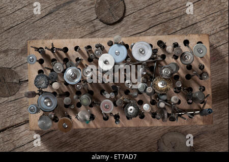 High angle view of assorted drill bits in workshop, Bavaria, Germany Stock Photo