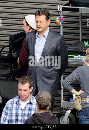 Actor Vince Vaughn sports a gray suit for his new role in 'True Detectives' filming in downtown Los Angeles.  Featuring: Vince Vaughn Where: Los Angeles, California, United States When: 18 Dec 2014 Credit: Cousart/JFXimages/WENN.com Stock Photo