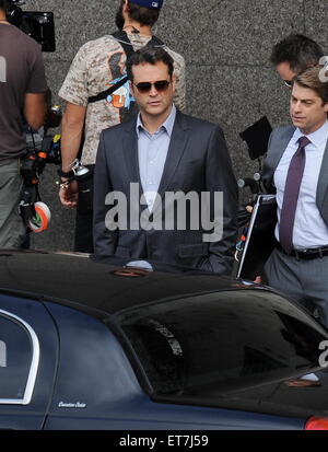 Actor Vince Vaughn sports a gray suit for his new role in 'True Detectives' filming in downtown Los Angeles.  Featuring: Vince Vaughn Where: Los Angeles, California, United States When: 18 Dec 2014 Credit: Cousart/JFXimages/WENN.com Stock Photo