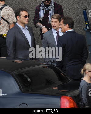 Actor Vince Vaughn sports a gray suit for his new role in 'True Detectives' filming in downtown Los Angeles.  Featuring: Vince Vaughn Where: Los Angeles, California, United States When: 18 Dec 2014 Credit: Cousart/JFXimages/WENN.com Stock Photo