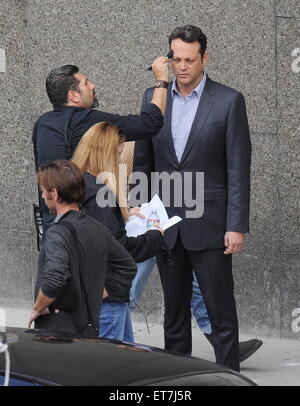 Actor Vince Vaughn sports a gray suit for his new role in 'True Detectives' filming in downtown Los Angeles.  Featuring: Vince Vaughn Where: Los Angeles, California, United States When: 18 Dec 2014 Credit: Cousart/JFXimages/WENN.com Stock Photo