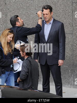 Actor Vince Vaughn sports a gray suit for his new role in 'True Detectives' filming in downtown Los Angeles.  Featuring: Vince Vaughn Where: Los Angeles, California, United States When: 18 Dec 2014 Credit: Cousart/JFXimages/WENN.com Stock Photo