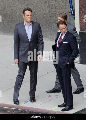 Actor Vince Vaughn sports a gray suit for his new role in 'True Detectives' filming in downtown Los Angeles.  Featuring: Vince Vaughn Where: Los Angeles, California, United States When: 18 Dec 2014 Credit: Cousart/JFXimages/WENN.com Stock Photo