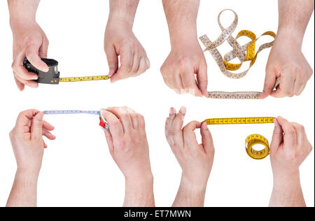 set of male hands with measuring tapes isolated on white background Stock Photo