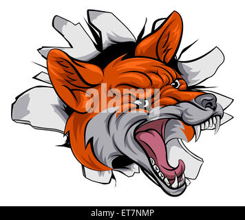 An illustration of a fox animal sports mascot cartoon character breaking through background Stock Photo