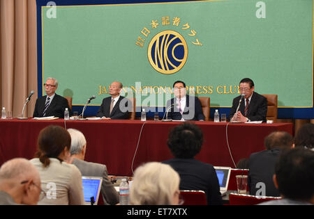 Tokyo, Japan. 12th June, 2015. Four former members of the Liberal Democratic Party voice their opposition to the government sponsored security-related bills during a joint news conference at the Japan National Press Club in Tokyo on Friday, June 12, 2015. All four old boys have something in common - they have something to say about everything, specially when it comes to the reinterpretion of the constitution by Prime Minister Shinzo Abe to allow the government to dispatch military forces overseas in collective self-defense. Credit:  Aflo Co. Ltd./Alamy Live News Stock Photo