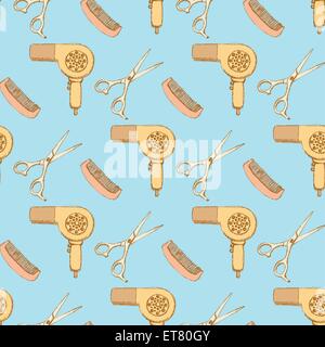 Sketch hairdresser set in vintage style, vector seamless pattern Stock Vector