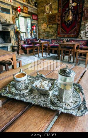 Turkish coffee and traditional turkish delight served on silver set, Sirince, Izmir, Turkey Stock Photo