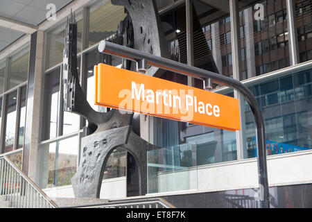 signage above entrance to Martin Place railway station in Martin place,Sydney city centre,australia Stock Photo