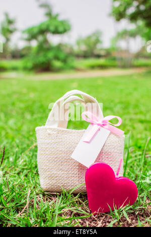 heart and a gift bag on the grass in the park. Stock Photo