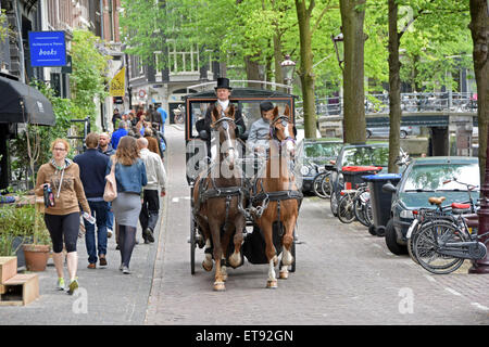 A horse and carriage, pedestrians, bicycles, and cars on a street in Amsterdam, Holland Stock Photo