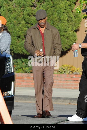 Actor Eddie Murphy sports a grey mustache and 70's attire on the set of 'Cook' filming in Burbank Ca.  Featuring: Eddie Murphy Where: Los Angeles, California, United States When: 05 Jan 2015 Credit: Cousart/JFXimages/WENN.com Stock Photo