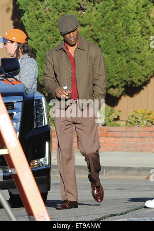 Actor Eddie Murphy sports a grey mustache and 70's attire on the set of 'Cook' filming in Burbank Ca.  Featuring: Eddie Murphy Where: Los Angeles, California, United States When: 05 Jan 2015 Credit: Cousart/JFXimages/WENN.com Stock Photo