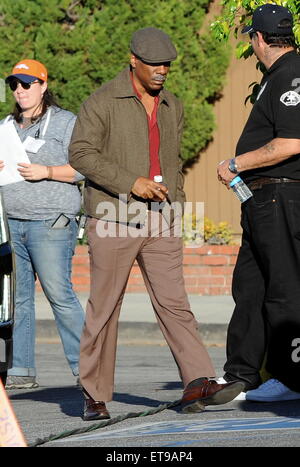 Actor Eddie Murphy sports a grey mustache and 70's attire on the set of 'Cook' filming in Burbank Ca.  Featuring: Eddie Murphy Where: Los Angeles, California, United States When: 05 Jan 2015 Credit: Cousart/JFXimages/WENN.com Stock Photo