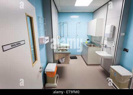 Hospital Dirty Utility room from doorway with sign on door Stock Photo