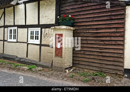 Red postbox with geraniums growing on top. Stock Photo