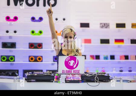 DJ Amie Rose is seen keeping the party going at the International Consumer Electronics Show at the Las Vegas Convention Center for iWorld  The International Playboy Playmate and DJ always paid tribute to the tech world by wearing a tight fitting pac-man print dress  Featuring: DJ Amie Rose Where: Las Vegas, Nevada, United States When: 07 Jan 2015 Credit: WENN.com Stock Photo