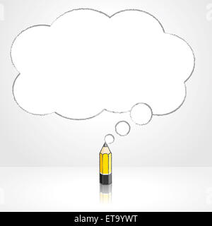 Yellow Lead Pencil with Reflection Drawing Fluffy Cloud Shaped Think Bubble on Grey Background Stock Photo