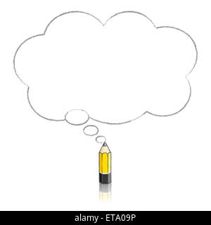 Yellow Lead Pencil with Reflection Drawing Fluffy Cloud Shaped Think Bubble on White  Background Stock Photo