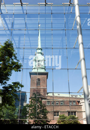 View of All Hallows-by-the-Tower, looking through the Glass Atrium of Tower Place. Stock Photo