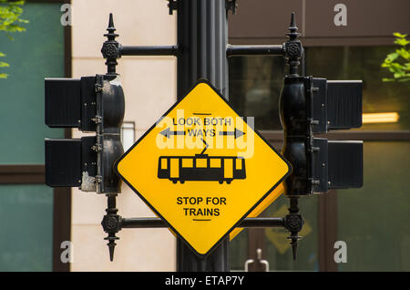 Light Rail Train Warning Sign with Lights - Salt Lake City - Utah Stock Photo