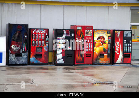 Lineup up of outdoor coin operated beverage vending machines.  Downers Grove Illinois IL USA Stock Photo