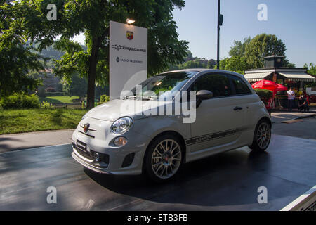 Turin, Italy, 11th June 2015. An Abarth 595 Competizione based on Fiat 500. Parco Valentino car show hosted 93 cars by many automobile manufacturers and car designers inside Valentino Park, Torino, Italy. Stock Photo