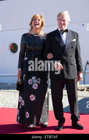 Stockholm, Sweden, June, 12, 2015. Private guests arrives at Strandvagen, Stockholm to board the Archipelago ship s/s Stockholm for further transport to the festivities. This is the start of the celebration of the marriage between Prince Carl Philip and Ms Sofia Hellqvist that will take place tomorrow at the Royal Chapel, Stockholm.  Princess Ursula an Prince Leopold of Bavaria. Stock Photo