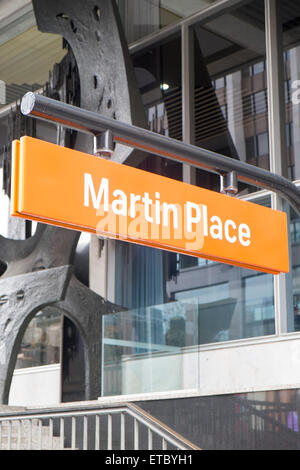 signage above entrance to Martin Place railway station in Martin place,Sydney city centre,australia Stock Photo