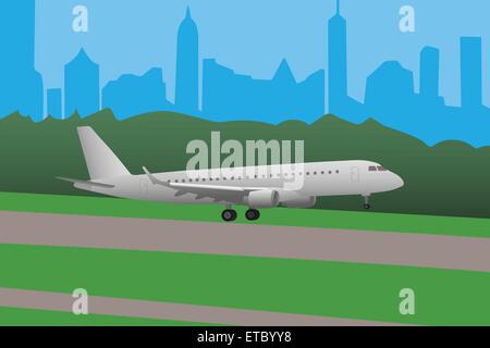Vector illustration of airplane landing on airport by big city. Stock Vector