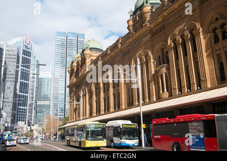 Queen victoria building on george street Sydney contrasts with the modern skyscrapers alongside,Sydney,Australia Stock Photo