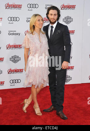 LOS ANGELES, CA - APRIL 13, 2015: Aaron Taylor-Johnson & wife Sam Taylor-Johnson at the world premiere of his movie 'Avengers: Age of Ultron' at the Dolby Theatre, Hollywood. Stock Photo