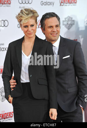LOS ANGELES, CA - APRIL 13, 2015: Mark Ruffalo & wife Sunrise Coigney at the world premiere of his movie 'Avengers: Age of Ultron' at the Dolby Theatre, Hollywood. Stock Photo