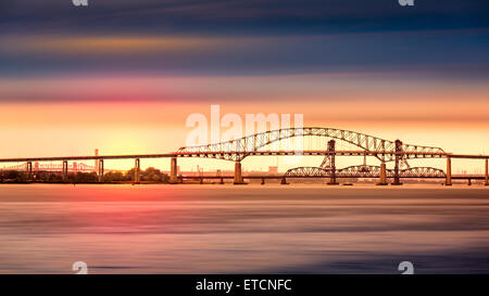 Newark Bay Bridge and sunset. Newark Bay Bridge, officially known as Vincent R. Casciano Memorial Bridge Stock Photo