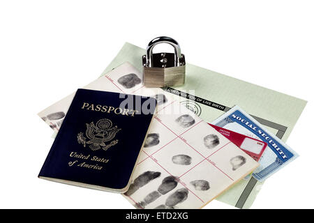 Passport, fingerprint card, driver's license, social security card and birth certificate isolated on white with locked padlock Stock Photo