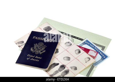 Passport, fingerprint card, driver's license, social security card and birth certificate isolated on white Stock Photo