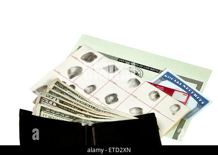 Fingerprint card, driver's license, social security card and birth certificate isolated on white with wallet and paper money Stock Photo
