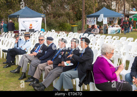 Sydney, Australia. 13th June, 2015. 10th Year of the Avalon Beach Military Tattoo for Australian Defence Forces and local volunteer community groups. Representatives of local school bands, rural new south wales fire brigade,police,State emergency services SES, retired personnel and stallholders were in attendance at this event on Sydney's northern beaches. Here retired and decorated officers enjoy a chat next to a lady knitting. Stock Photo