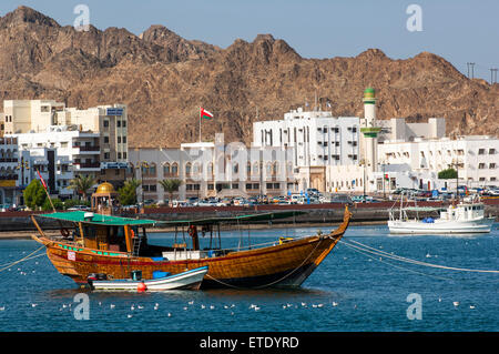 A tourist boat moored in the harbour of Muscat, Oman Stock Photo