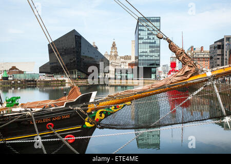 Kathleen and May Tall ship, British built wooden hull three masted top sail schooner moored in Canning Dock with Mann Island Development  on the Stock Photo