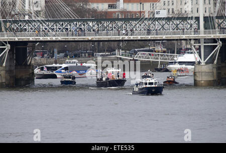 Havengore, the boat which carried Sir Winston Churchill along the Thames during his state funeral in 1965, is pictured as it repeats its journey down the River Thames from the Tower of London to Westminster. A series of tributes are to be held throughout the U.K. to mark the 50th anniversary of the farewell to Britain's famed war-time leader.  Featuring: The Havengore boat Where: London, United Kingdom When: 30 Jan 2015 Credit: Seb/WENN.com Stock Photo