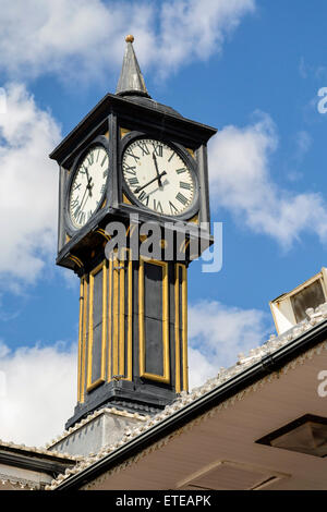 Clock Tower at the entrance to the Brighton Pier and on a sunny day in spring, Brighton, East Sussex, England, United Kingdom. Stock Photo