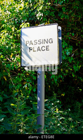 A Passing Place sign on a narrow country land at Keswick, near Norwich, Norfolk, England, United Kingdom. Stock Photo