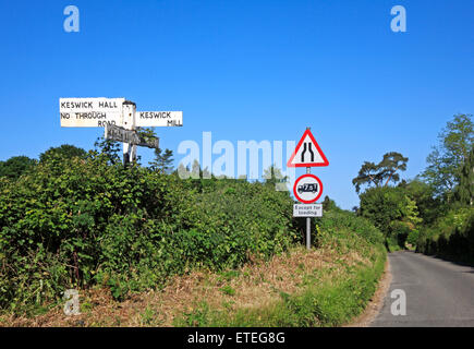 Road signs on a narrow country road at Keswick, near Norwich, Norfolk, England, United Kingdom. Stock Photo