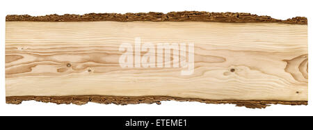 Nice long wooden board framed with beautiful bark isolated on white background Stock Photo