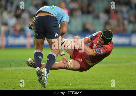 Sydney, Australia. 13th June, 2015. Super Rugby. NSW NSW Waratahs versus the Queensland Reds. No stopping Waratahs fullback Israel Folau. The Waratahs won 31-5. Credit:  Action Plus Sports/Alamy Live News Stock Photo